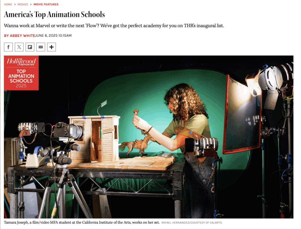Screenshot of The Hollywood Reporter's Top Animation School story with an image of a woman at working on a miniature fillm set.
